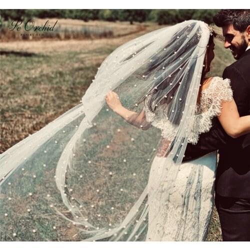 PEORCHID 2020 White/Ivory Veil Cathedral Wedding Veil 3M/5M With Comb One Layer Bead Pearl Veil Bridal Accessories Velo Da Sposa