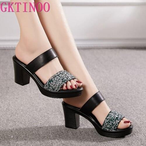 GKTINOO Women Slippers 2020 Ladies Summer Slippers Shoes Women High Heels Fashion Rhinestone Summer Shoes Genuine Leather