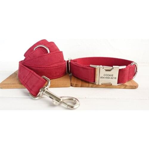 Personalized Pet Collar Customized Nameplate ID Tag Adjustable Soft Red Suede Fabric Cat Dog Collars Lead Leash Set