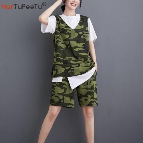 Camouflage Shorts Suit Women Oversize Casual Summer 2020 Sport Two Piece Sets Cotton Patchwork T Shirt And Elastic Waist Shorts