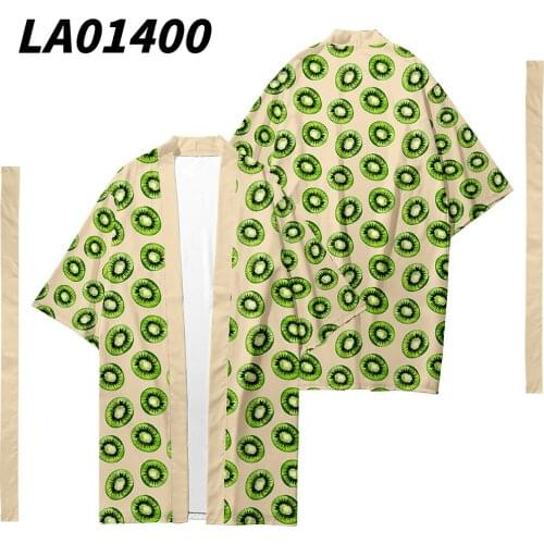 Oversize 6XL Kiwi Printed Long Style Japanese Kimono Cardigan With Belt Couple Women Men Casual Asian Clothes Harajuku