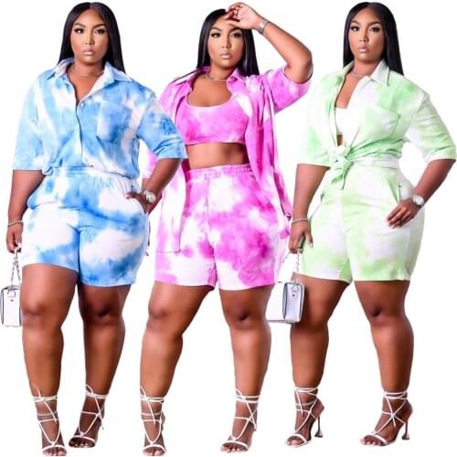 Womens Sexy Square Collar Tops Gradient Color Printed Loose Pocket 3 Piece Sets+casual Blouse Sports Shorts Suit Summer Custom