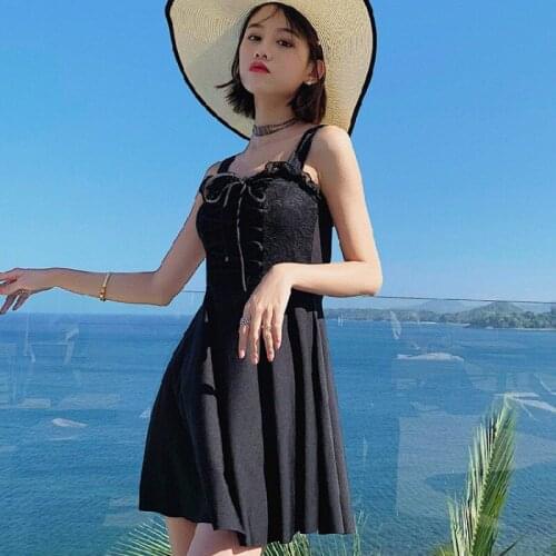 Korean Sexy Female Retro Solid Bandage Swimsuit One Piece Suit Push Up Padded High Waist Lace Swimwear Women Swimskirt
