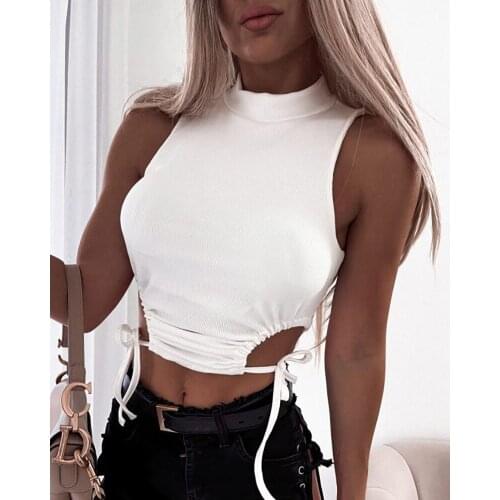 Hirigin Waist Hollow Out Lace-up Tank Vest Sexy Women Tube Tops Cropped 2021 Sleeveless Turtleneck Bodycon Causal Solid Camis