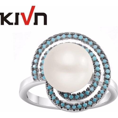 KIVN Fashion Jewelry Elegant Pave CZ Cubic Zirconia Womens Girls Bridal Wedding Simulated Pearl Rings Birthday Promotion Gifts