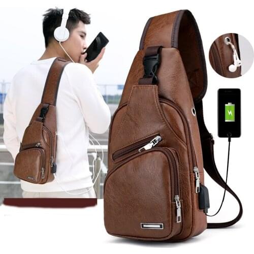 USB Charge Interface Mens Leather Messenger Chest Bag Travel Brand Designer Multi-Function Headphone Jack Chest Pack