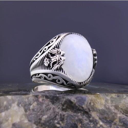 Solid 925 Sterling Silver Double Headed Eagle Oval Moonstone Mens Ring