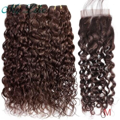 My Like Brazilian Human Hair Bundles with Closure 3Pcs Non-remy Hair Weave Water Wave Bundles with Closure #2 Dark Brown Hair