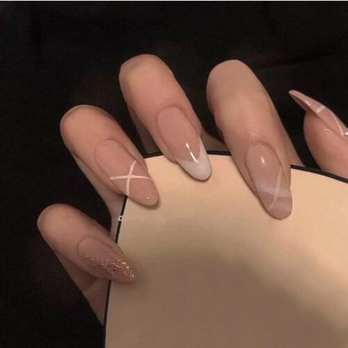 24pcs Nude Color Nail Patch Round Head Glue Type Removable Long Paragraph Fashion Manicure False Nail Patch TO