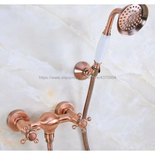 Wall Mounted Antique Red Copper Shower Set Faucet+Bath Tub Mixer Tap+Double Handles Hand Shower Faucet Sets Nna297