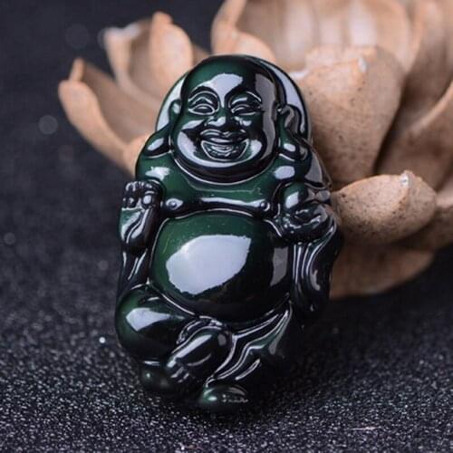 Natural Obsidian Stone Pendant Carved Maitreya Buddha Pendant Necklace Gift for Men Women Jades Fashion Jewelry