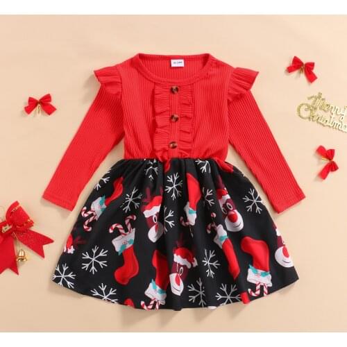 Baby Girls Dress For Newborn Christmas Clothes Toddler Kid Cartoon Printed Patchwork Long Sleeve Tutu Dress Outfit