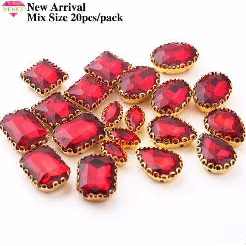 RESEN Top Quality 20pcs/lot Mix Shape Gold Bottom Red Glass Flatback Sew On Claw Rhinestones DIY Dress Accessories Sewing Stones