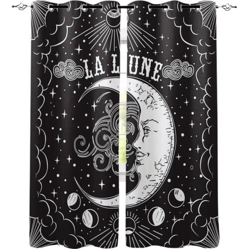 La Lune Moon Starry Black Window Curtains LivingRoom Kitchen Curtains Left and Right Biparting Open