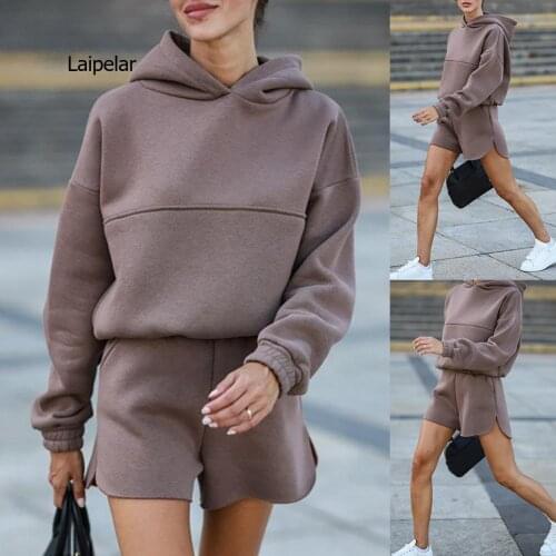Solid Color Short Two Piece Set Women Outfits Set Long Sleeve Hooded Pullovers Top Loose Shorts 2 Piece Set Women Tracksuits