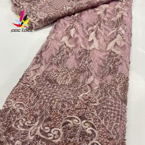 2020 Heavy Handmade Beads Lace Fabric Gold Colors Tulle Mesh Lace Fabrics French Beaded Lace for Nigeria Bridal Lace Garments