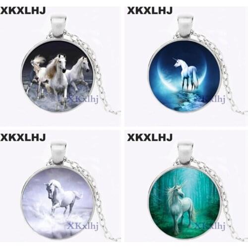 XKXLHJ Unique Unicorn Picture Necklace Glass Cabochon Horse DIY Pendant Animal Handmade Silver Color Chain Necklaces Jewelry