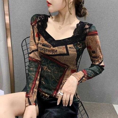 Women T-shirt Long-Sleeve 2021 New Arrival Spring And Autumn Sexy Slim Lace Retro Elegant Female T-shirt Korean Style c45