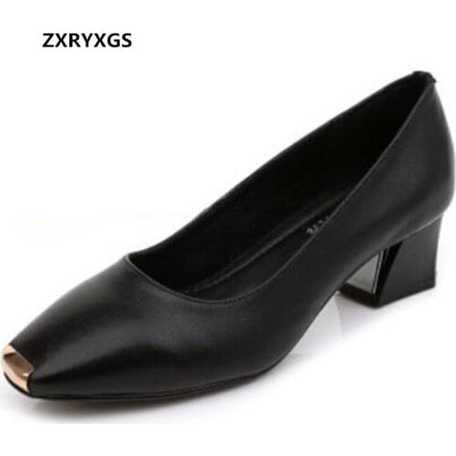 2021 New Fashion Metal Square Toe Top Cowhide Women Leather Shoes Thick with High Heels Elegant Comfortable Shoes Woman Shoes