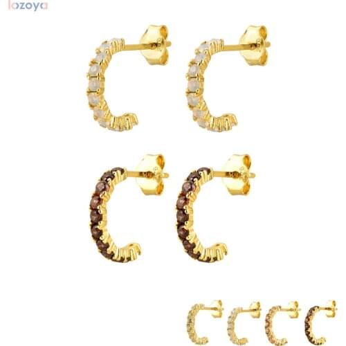 LOZOYA 925 Sterling Silver Luxury Crystal Circle Gold Opals Huggies Fine Clips Women Round Piercing Luxury On Ear Jewelry