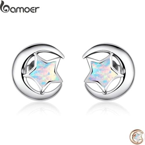 Bamoer Genuine 925 Sterling Silver Moon and Star 2 Colors Opal Stud Earrings for Women Wedding Statement Jewelry Boucles SCE816