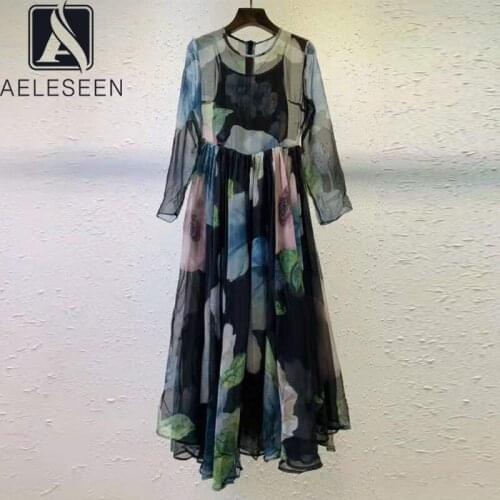 AELESEEN 2021 Autumn Long Printed Dress Runway Fashion Full Sleeve Romantic Ink Flower Printing Elegant Party Dress