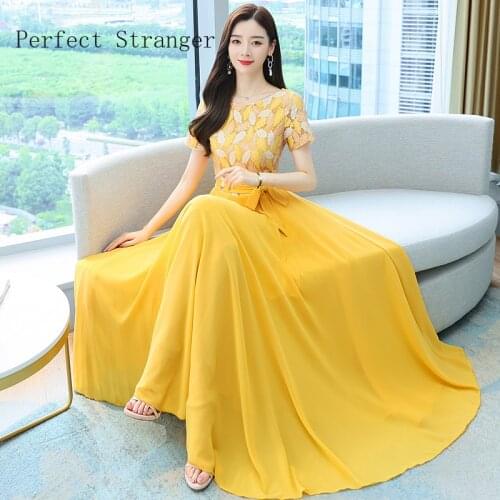 2021 Summer New Arrival Elegant Hot Sale Round Collar Lace Chiffon Long Women Dresses M-4XL