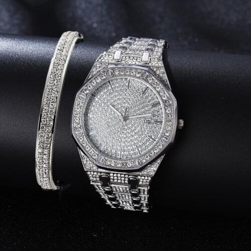 2pcs/set Watch + Bangle for Women Charm Bracelet Iced Out Watch for Women Hip Hop Luxury Gold Watch Set Jewelry Set Gift Relojes
