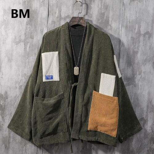 2020 Fashion Corduroy Patch Cardigan Chinese Style Loose Robe Japanese Retro Couple Kimono Men Clothing Harajuku Tops Male