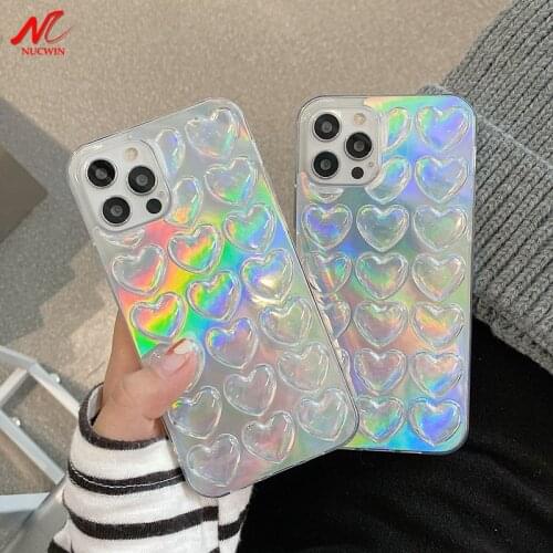 3D Love Heart Glitter Case for iPhone 11 12 Pro 11Pro Max XR XS X 6 6S 7 8 Plus Mini Laser Candy Color Shockproof Silicon Cover