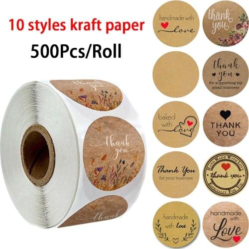 500 Pcs Round Natural Kraft Thank You Sticker Seal Labes gift Hand Made With Love Stickers Scrapbooking Stationery Sticker Roll