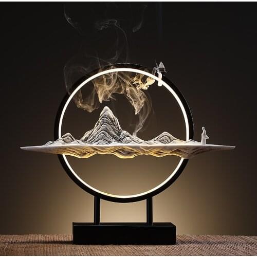 Chinese Style Mountain Waterfall Ceramic Backflow Incense Burner Round LED Light Incense Censer Home Decor