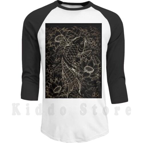 Koi Fish And Flower Design hoodies long sleeve Japan Japanese Koi Fish Tattoo Black White Gold Background Outline