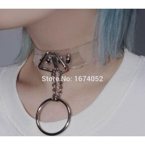 Handmade Punk Gothic Black Pink Vinyl Choker Transparent Clear PVC Chain Hanging O Round Collar Necklace