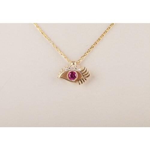 UM US JEWELRY Ruby Cubic Zirconia Gold Plated Eye Pattern 925 Sterling Silver Necklace