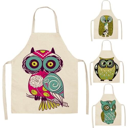 Parent-child Kitchen Apron Cartoon Owl Printed Sleeveless Cotton Linen Aprons for Men Women Home Cleaning Tools