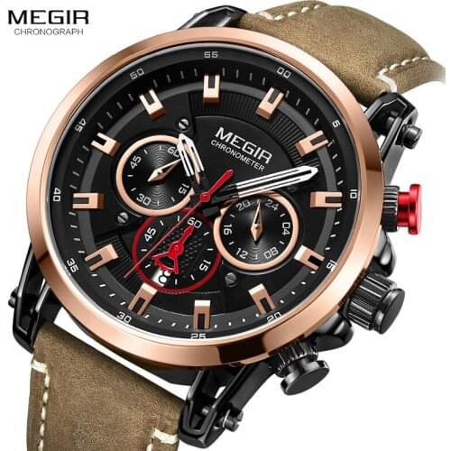 Megir Mens Sports 24 Hours Watches Military Chronograph Leather Strap 3atm Waterproof Quartz Wrist Watch Man Relogios 2085 Rose
