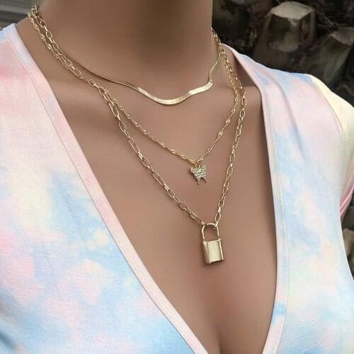 Fashion Crystal Butterfly Lock Pendant Necklaces for Women Sweet Multilayer Necklace Set Party Jewelry Accessories
