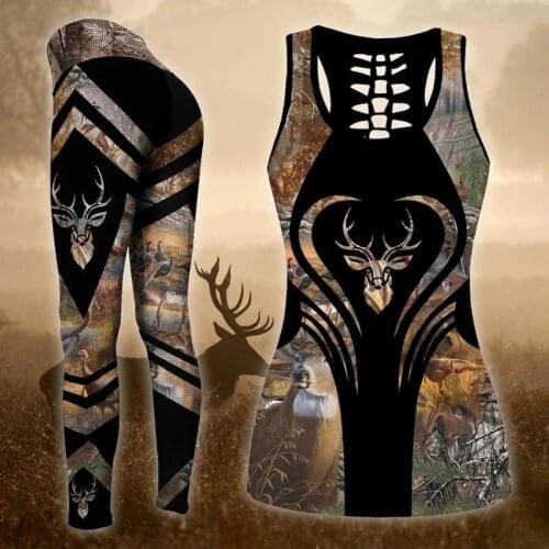 Fashion Animal Deer Hunting Colorful Hollow Vest And Leggings Two-Piece Female 3D printing Hipster Sexy Vest Female Clothes S-72