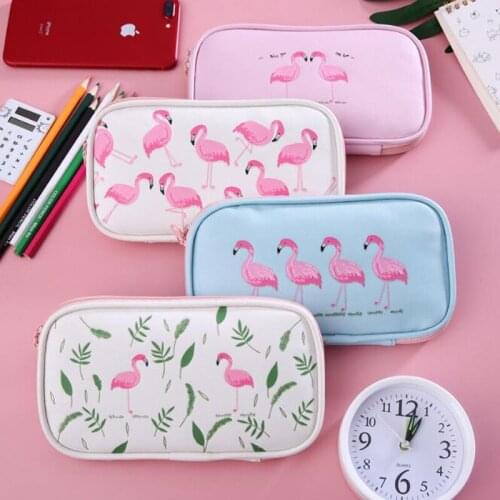 Multi-Function PU Zipper Stationery Box Student Large-Capacity Pencil Bag ChildrenS Cartoon Flamingo Storage Pencil Bag