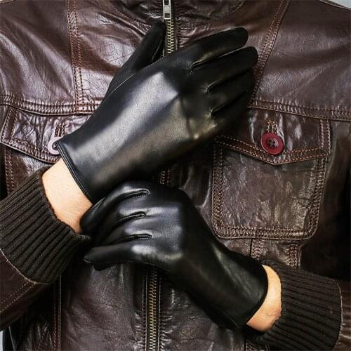 Men Gloves Fashion Genuine Leather Sheepskin Gloves Male Autumn Winter Plush Lined Fashion Simple Driving Mittens XC-208