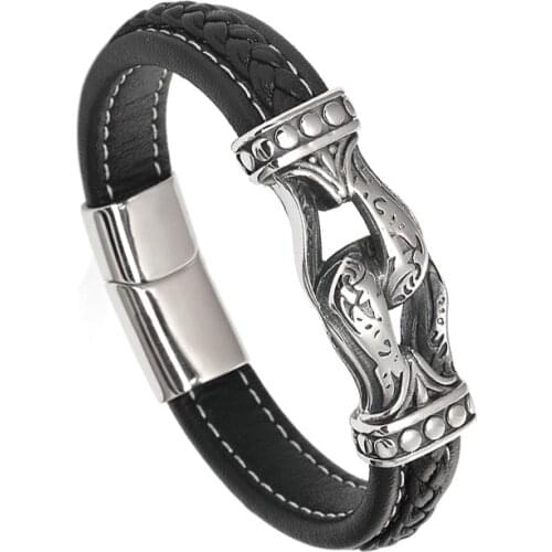 Fashion charm leather jewelry double stirrup Tibetan mens stainless steel bracelet Handmade Leather Bracelet