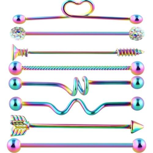 10set/8 Style Stainless Steel Industrial Barbell Set Screw Crystal Ball 14G Ear Cartilage Helix-Conch Earring Body Piercing Kit