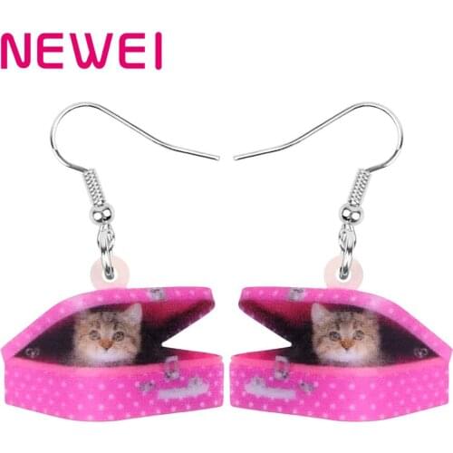 NEWEI Acrylic Valentines Day Sweet Cat Kitten Box Earrings Drop Dangle Jewelry For Women Girls Teen Lover Charm Gift Accessory