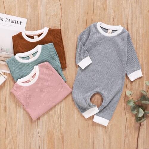Newborn Infant Solid Color Romper One Piece Playsuits Long Sleeve White Trim Jumpsuit Solid Ribbed Outfit