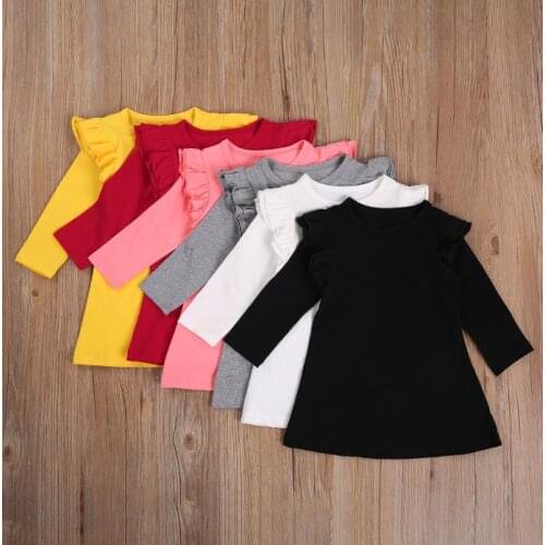 Autumn Baby Girl Solid One-Piece Long Sleeve Ruffled Simple Dress Girls Casual Dresses Clothes
