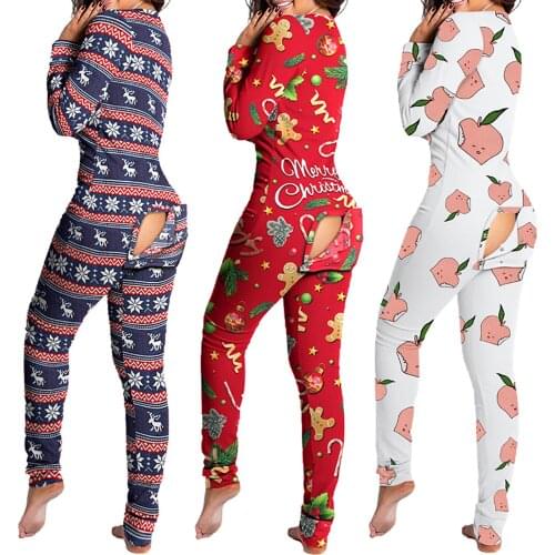 Sexy Women Cotton Onesies- With Butt Flap For Adults Christmas Sexy Sleepwear Homewear Romper Womens Tracksuit Open Butt Pajama