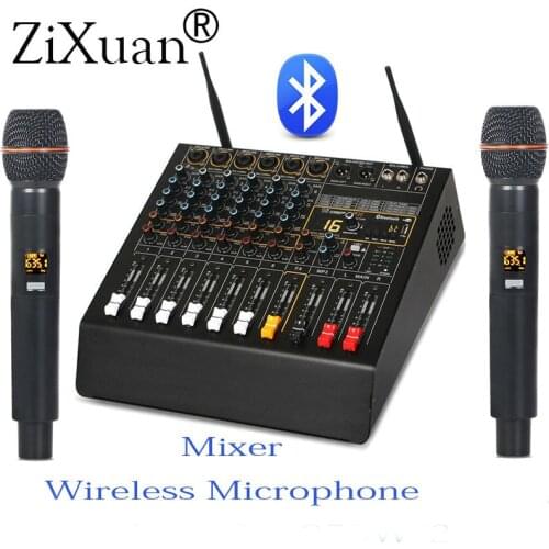 Professional 6 Channel Digital Effect Power Amplifier Studio Audio Mixer With Bluetooth USB Mixing Console + 2 Wireless Mic