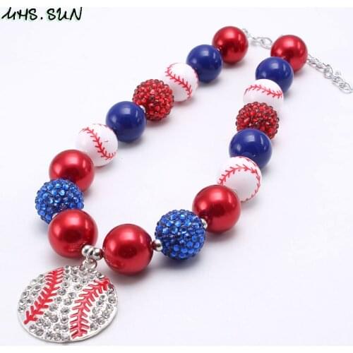 MHS.SUN Fashion Forth July Kids Beads Necklace Cute Baseball Pendants Girls Baby Child Chunky Beads Necklace Party Jewelry Gift