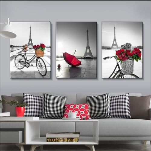 Modern Classic Black and White Bicycle Poster, Bicycle Small Red Umbrella Flower Basket, Eiffel Tower Canvas Painting, Rose Prin